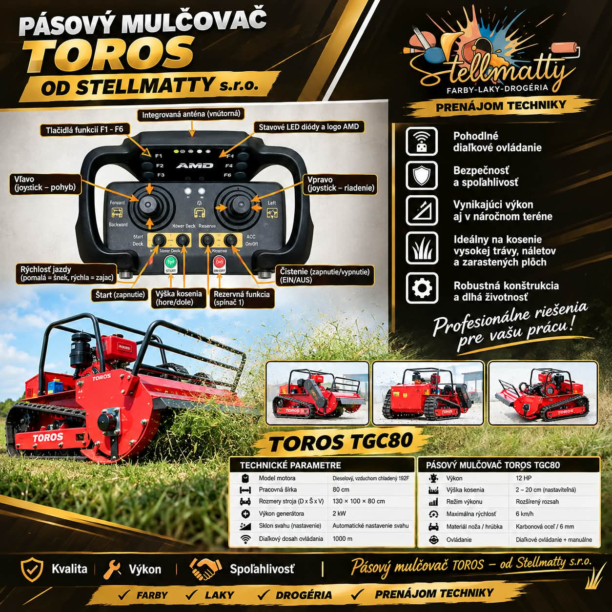 Popis diaľkového ovládača pásového mulčovača TOROS TGC80